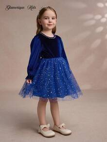 Glamorique Kids Robe pour jeunes filles, robe de mariage, robe en velours, vêtements de Noël, robe d'anniversaire, robes d'hiver - bleu indigo - Voir 4