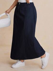 Dazy Plus Falda larga de mezclilla blanca holgada y de línea A para tallas grandes, otoño/invierno - Azul lavado oscuro - Ver 7