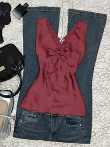 INAWLY 大码女式休闲纯色系带无袖上衣 - 酒紅色 - 查看 1