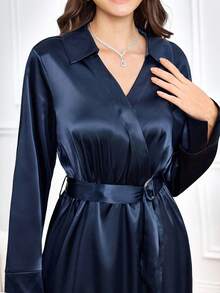 Miaspire Elegant Women's Navy Blue Satin Dress,Autumn Lapel Wrap Wedding Guest Dress With Metal Buckle Belt,High-End Chic Shiny Fabric Party Dining Dress - Navy Blue - View 1