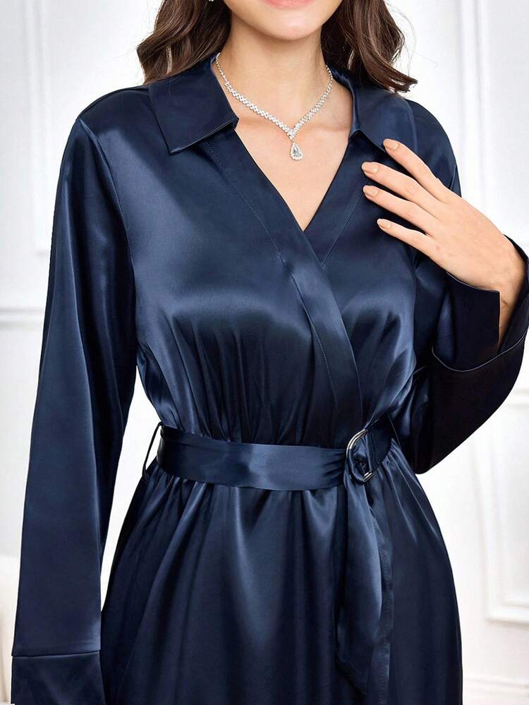 Elegant Women's Fall And Winter Dress, Satin Shiny Fabric Dress, High-End Version Design, Suitable For Going Out Party Occasions, Metal Buckle Belt, Lapel Design Wrap Dress, Fall Wedding Guest Dress, Women's Wedding Guest Dress, Dress For Wedding,Chic Dress,Party Dress