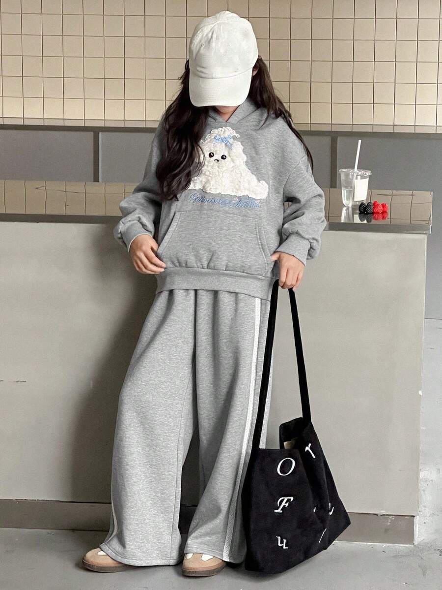 Dazy Kids 2pcs/Set Tween Girls Hooded Fleece Sweatshirt And Pants Set, Autumn/Winter - Grey - View 1