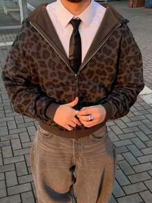 Manfinity Dauomo Leopard Print Casual Loose Fit Zip-Up Hoodies For Men, Fall