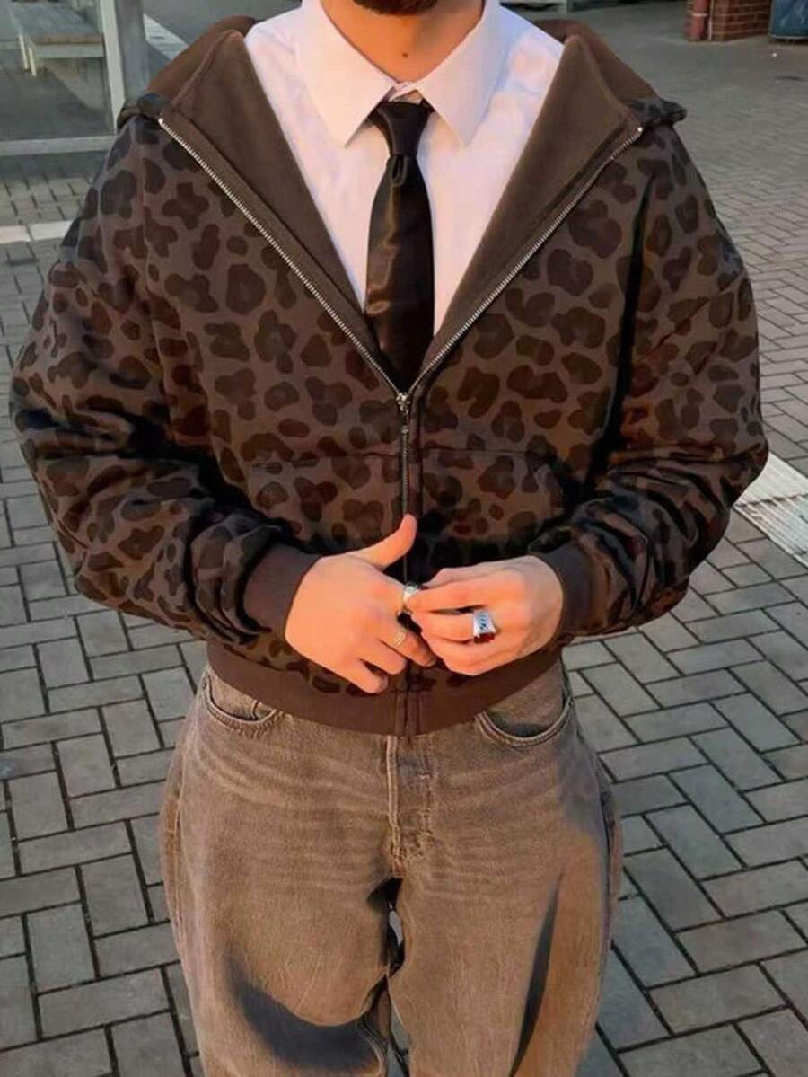 Manfinity Dauomo Leopard Print Casual Loose Fit Zip-Up Hoodies For Men, Fall