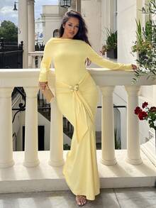 NegzBox 女士优雅露肩金属蝴蝶结装饰长裙 - 黃色 - 查看 1