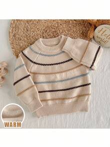 Loomiva 男婴彩色条纹圆领长袖套头毛衣，休闲百搭 - 杏色 - 查看 6