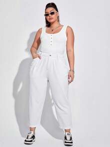 SHEIN ICON 加大尺碼女士休閒錐形牛仔褲，褶邊修邊及腰內袋設計