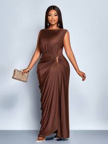 SOLERSUN 女式加大码优雅纯色褶皱镂空时尚金属环扣小众设计褶皱开衩无袖长款连衣裙秋冬装、休闲装、派对装、伴娘装、万圣节装、圣诞节装、除夕装、节日装、茧型裹身裙、毕业礼服、优雅女士连衣裙、女士秋季服装、女士冬季连衣裙、新年造型、舞会礼服、棕色连衣裙 - 咖啡棕 - 查看 1