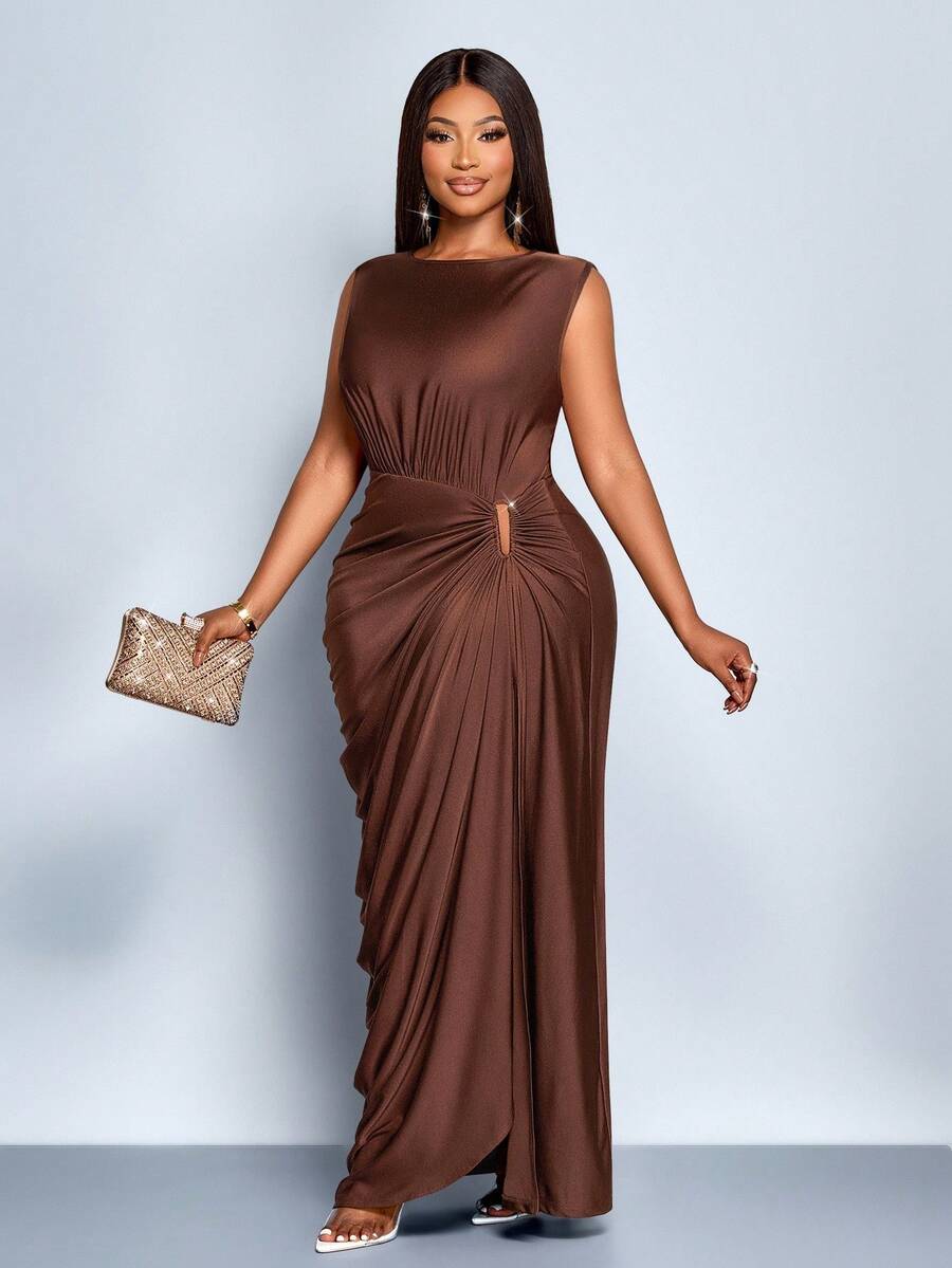 SOLERSUN 女式加大码优雅纯色褶皱镂空时尚金属环扣小众设计褶皱开衩无袖长款连衣裙秋冬装、休闲装、派对装、伴娘装、万圣节装、圣诞节装、除夕装、节日装、茧型裹身裙、毕业礼服、优雅女士连衣裙、女士秋季服装、女士冬季连衣裙、新年造型、舞会礼服、棕色连衣裙 - 咖啡棕 - 查看 1