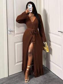 BamGleam 女士毛衣连衣裙开衫针织长袖黄色流苏吊带宽松开衩度假旅行派对女装春秋款冬夏款 - 卡其色 - 查看 5