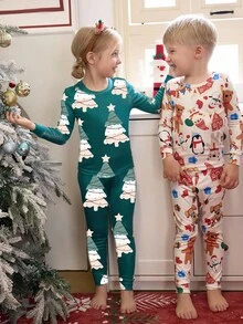 4pcs/Set Young Girl' Cute Christmas Tree & Gingerbread Man Cartoon Print Comfortable Pajama Set, Spring/Autumn - Multicolor - View 8