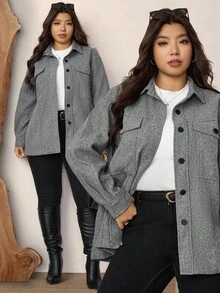 Zelara Plus Drop Shoulder Flap Pocket Overcoat, For Winter Fall Autumn - Grey - View 10