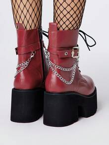 ROMWE Grunge Punk Botas de tobillo con suela gruesa y tacón ancho de estilo punk para mujer, con decoración de cadena metálica gótica, plataforma, botas de combate cómodas, para Halloween