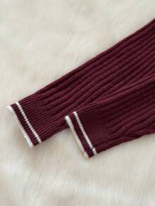 Muvela 女士休闲复古条纹翻领纽扣长袖毛衣，复古学院风，返校季，日常穿着，温暖舒适，秋季，复古风 - 酒紅色 - 查看 3