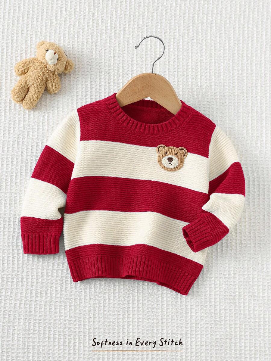 Cozy Pixies Baby Boy Cartoon Bear Striped Pattern Crew Neck Long Sleeve Sweater Fall Winter