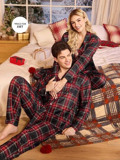 Conjunto de pijama de manga larga con botones y estampado a cuadros casual para hombre