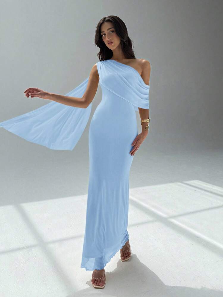 Aloruh Asymmetric Neckline Minimalist Solid Color Fitted Dress For Women,Fall Wedding Guest Dress,Wedding Guest Dress Women - Baby Blue - View 4