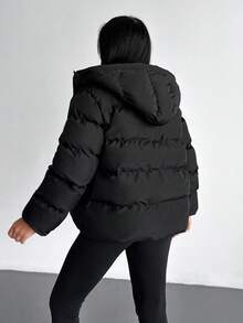 EURMUSE Solid Color, Zip Up, Hooded Winter Coat - Black - View 2