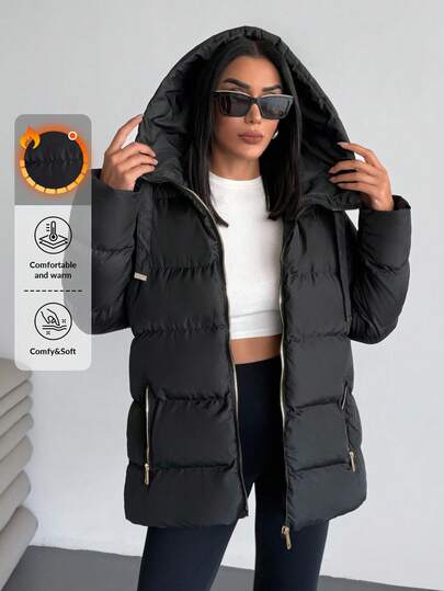 EURMUSE GOLDEN ZIPPER BODY POCKET LONG SLEEVE HOODIE PUFFER WINTERCOAT Black Puffer Jacket Women Puffer Jacket With Hood