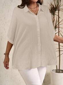 EMERY ROSE Plus Size Women Casual Simple Button-Up Shirt - Apricot - View 3