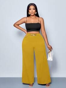 SOLERSUN Celana Panjang Wanita Ukuran Besar Warna Kuning Mustard Polos dengan Detail Sabuk, Potongan Lebar, Celana Kerja Kasual Cerdas Musim Panas, Pesta, Konser, Festival Musik Musim Gugur - Mustard Yellow - View 9