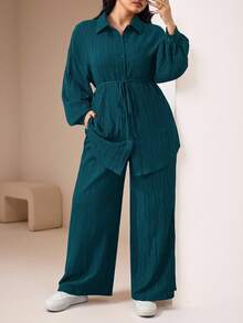 Veilorie 2pcs Plus Size Casual Solid Color Textured Long Sleeve Shirt And Pants Set, Autumn 2 Pieces Set - Teal Blue - View 2