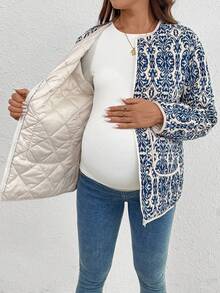 SHEIN 孕妇印花保暖宽松外套，适合冬季 - 藍白色 - 查看 7