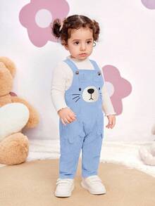 SHEIN Newborn Baby Girl Cute Versatile Corduroy Cartoon Pattern Bib Jumpsuit, Autumn/Winter Fall - Blue - View 9