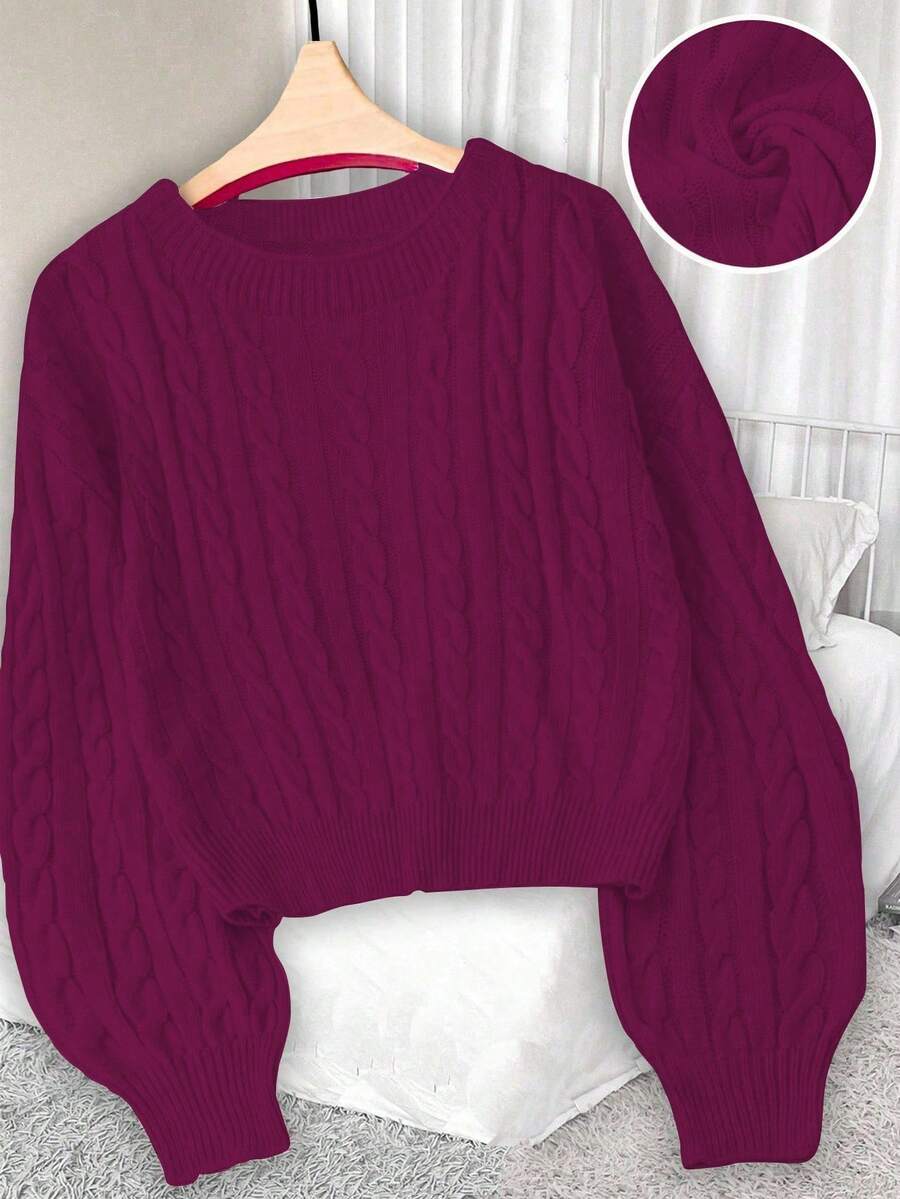 GlowEve CURVE 大码女式休闲修身圆领长袖麻花针织套头衫，秋冬 - 中紫紅色 - 查看 1