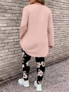 EMERY ROSE 2 件套大码女式花卉图案粉色长袖上衣和瑜伽裤套装，适合秋冬季 - 藕粉色 - 查看 2