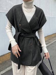 FRIFUL Women's Solid Dark Grey Lapel Sleeveless Cinched Waist Waist Slit Side Casual Versatile Woolen Autumn Dress Jacket Women Coats - Grey - View 4