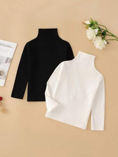 SHEIN Elladie kids 少女纯色高领长袖休闲百搭T恤，秋季