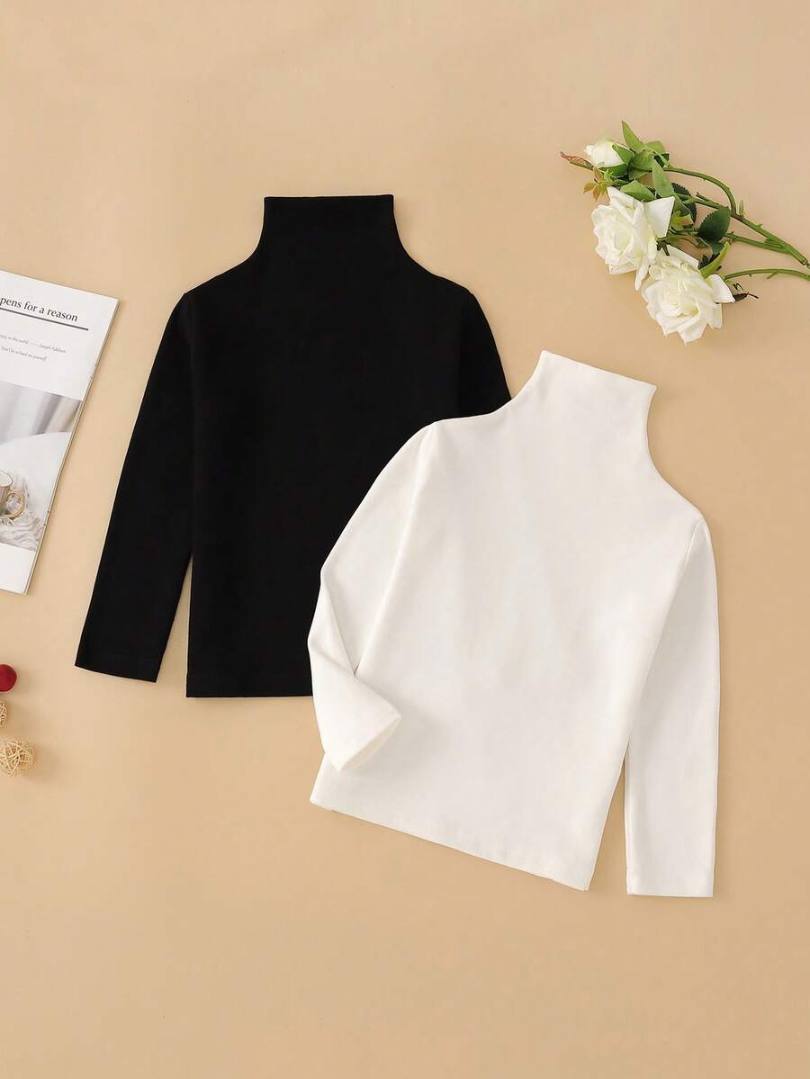 SHEIN Elladie kids 少女纯色高领长袖休闲百搭T恤，秋季