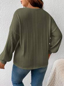 SHEIN Frenchy Áo thun cổ ren phối màu cỡ lớn, thường ngày, mùa thu - xanh quân đội - Xem 2