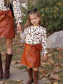 Emery Rose Kids Emery Rose Kids 2 件套少女碎花编织衬衫和 PU 皮革迷你裙套装秋冬装 - 摩卡棕 - 查看 2