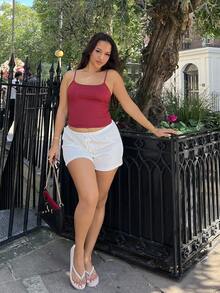 NegzBox Solid Drawstring Waist Shorts - White - View 4