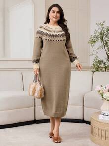 Modelyn 大码几何图案针织连衣裙，秋冬休闲装 - 薄荷綠 - 查看 3