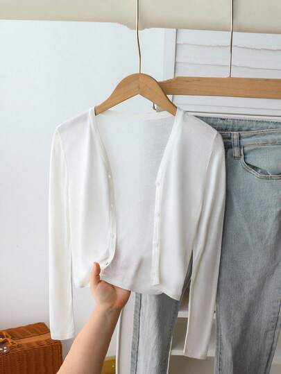 Young Girls Knitted Cardigan, Fashionable Minimalist Design, Long Sleeve, Lightweight, Suitable For Spring, Summer, Autumn Girls' Autumn White Comfortable Versatile Knitted Thin Cardigan