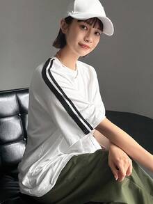 FRIFUL 女士夏季休闲宽松条纹短袖T恤，插肩袖圆领超大码T恤 - 白色 - 查看 3