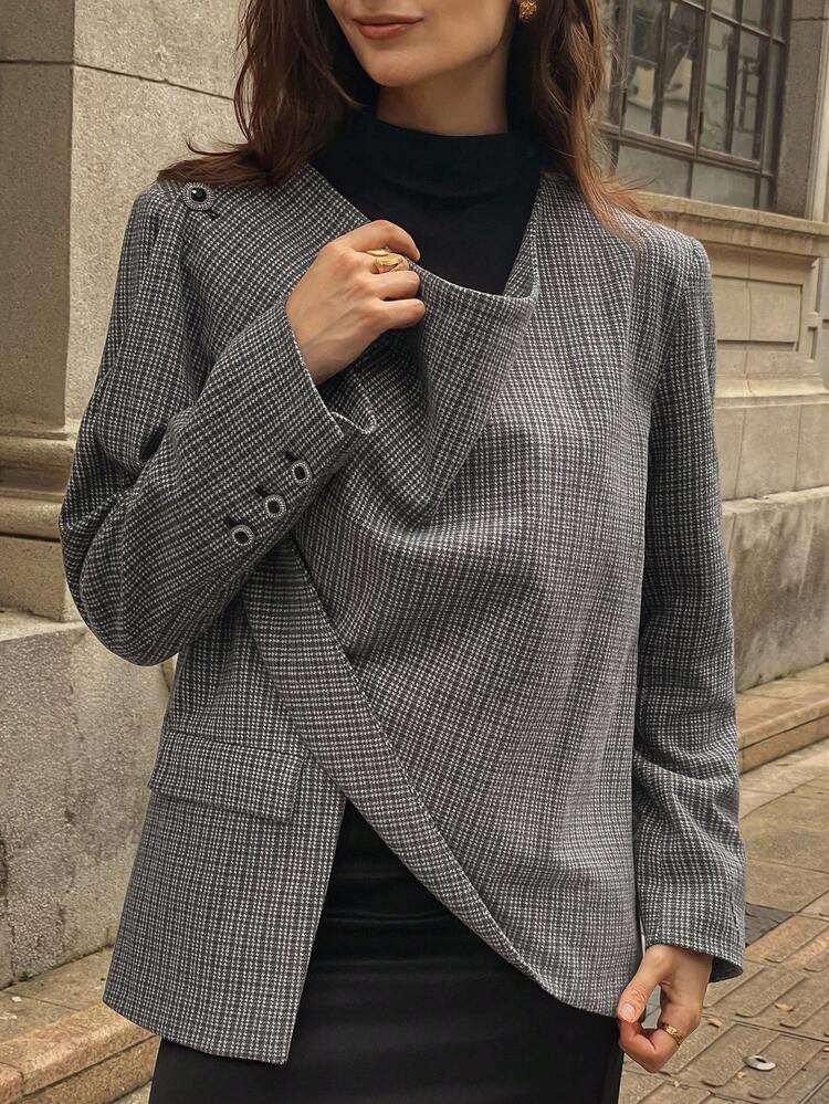 Elegant Loose Fit Plaid Lapel Patchwork Long Sleeve Swing Coat For Women, Autumn/Winter