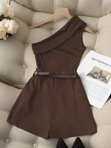 Franclia Casual Fashion All-Match Commuting High Elastic Pure Black One-Shoulder Pleated Top And Khaki Fake Pocket Skirt Pants With Belt Ladies Two Pieces Set - Chocolate Brown - View 2