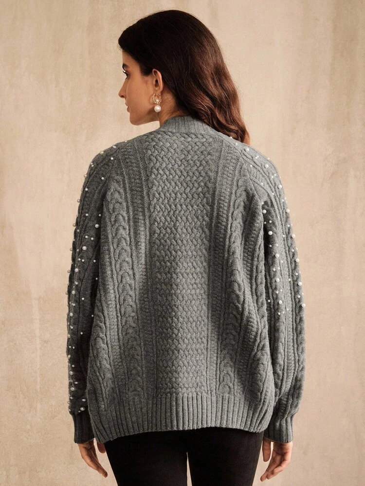 Pearl Design Cardigan Sweater Jacket, Thick Polar Fleece Outerwear For Autumn/Winter