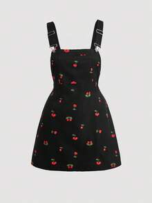 SHEIN CURVE+ Curves 大码/学校服装/返校服装/返校大码女式樱桃印花前袋侧拉链背带裙 - 黑色 - 查看 5