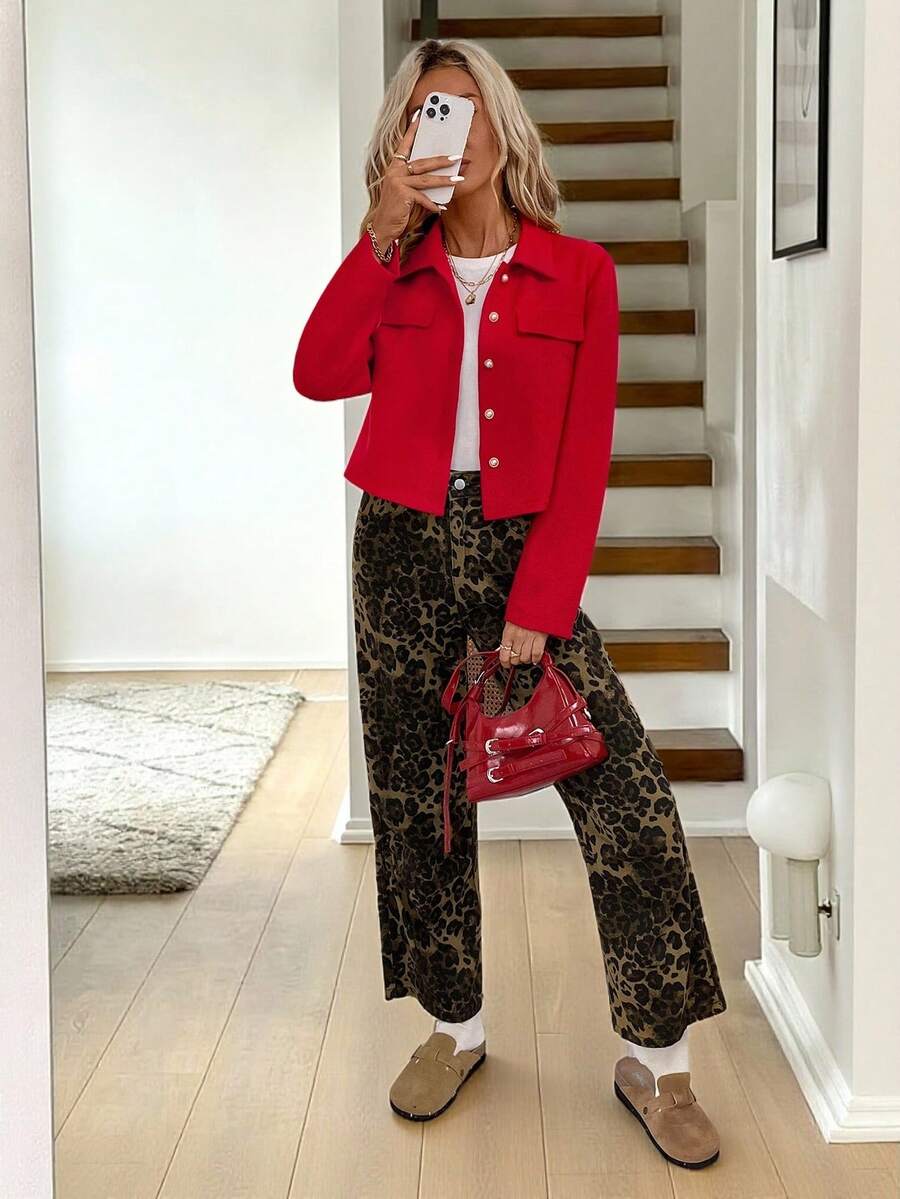 Easowa Áo khoác ngắn ve đỏ mới thu đông 2024 cho nữ - Đỏ - Xem 1