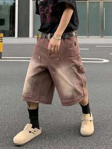 Manfinity EMRG 男士宽松口袋阔腿休闲牛仔短裤 - 咖啡棕 - 查看 5