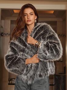 Aloruh 女士短款人造皮草大衣，秋冬保暖 - 黑色 - 查看 5