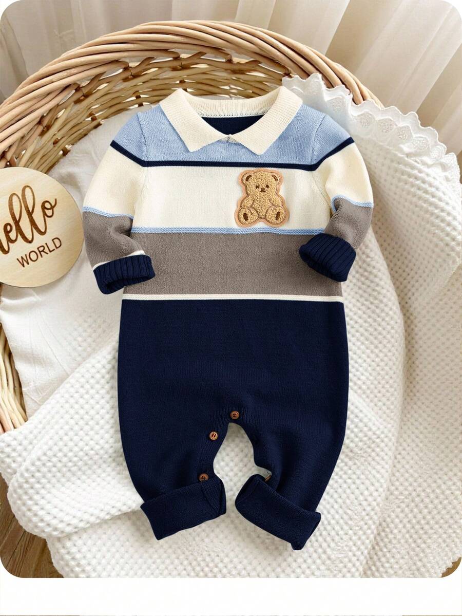 SHEIN 新生男童/女童可爱拼色卡通图案马球领长袖连体衣,秋冬 - 藏蓝色 - 查看 1