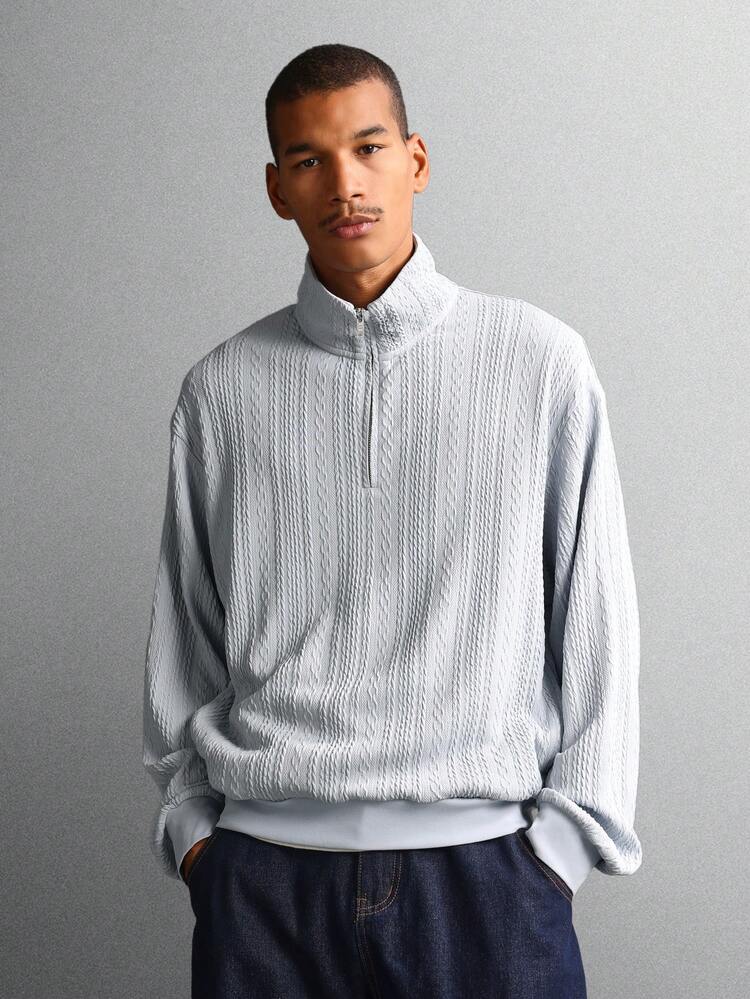 Essential Quarter Zip Funnel Neck Textured Sweatshirt With Ribbed Pattern