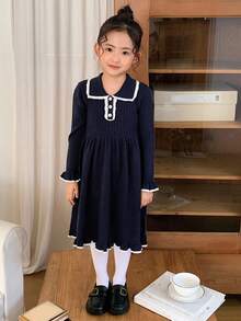 DAZY Gaun Rajut Kasual Anak Perempuan dengan Warna Kontras dan Hiasan Ruffle, Musim Gugur/Dingin - Navy Blue - View 4
