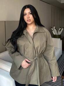 Dazy Plus Plus Size Women Stand Collar Long Sleeve Tie Waist Casual Trench Coat, Spring/Autumn Jacket